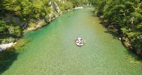 Rafting on crystal clear water.Drone view