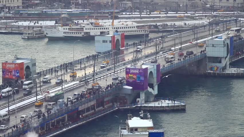 Istanbul Galata Bridge in Winter. It is a bascule bridge which is 490 m long and