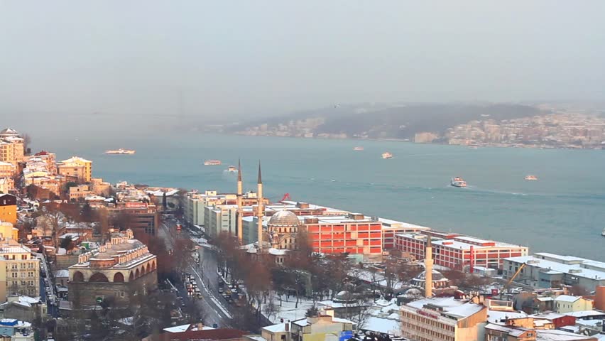 Tophane and part of Bosporus in Winter. Aerial view to Istanbul in the distance