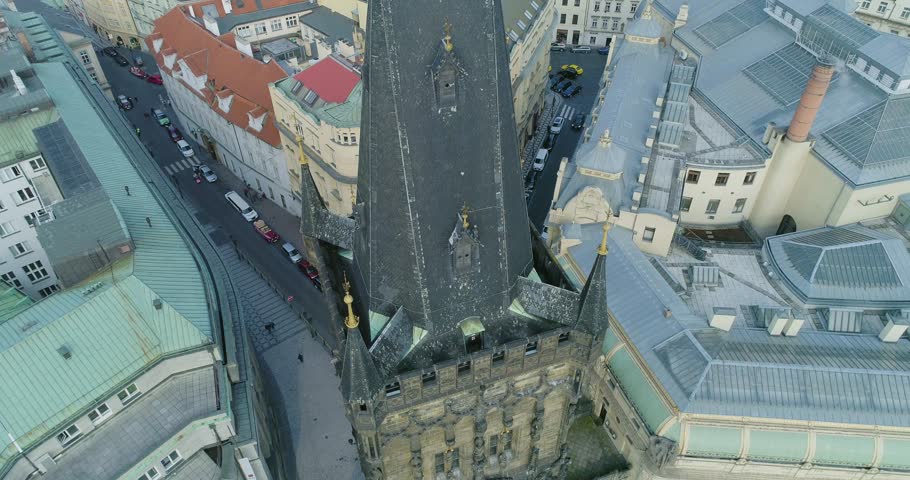 Powder Tower, Prasna brana, Prague Aerial view 4k
