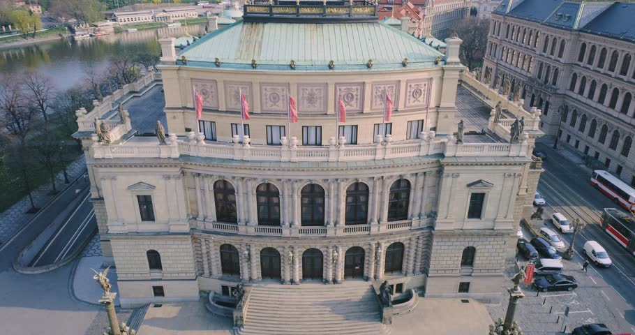 PRAGUE Theatre in the center of Prague. Czech Republic. Rudolfinum. Aerial view, 4k