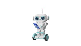 3D Animation Robot on Scooter with Smartphone and Alpha Channel looped Video on a Transparent Background  