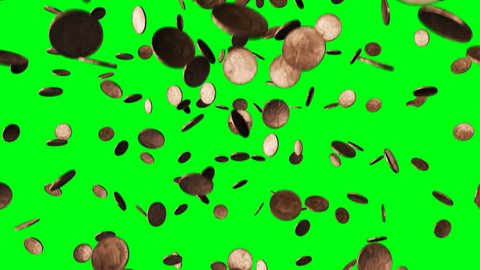 Rotating pound coins raining down against a green screen