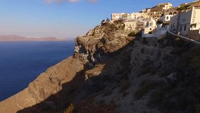 Aerial drone bird's eye view of iconic island of Santorini volcanic island with one of the best views in the world, Cyclades, Greece