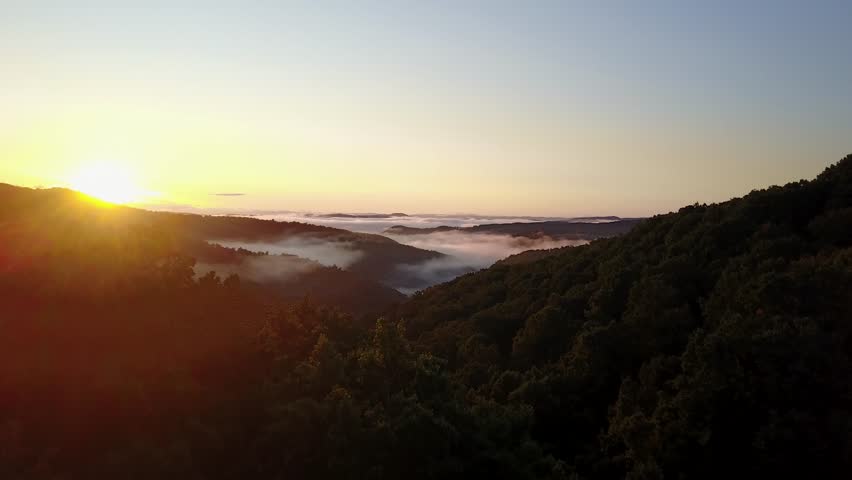 West Virginia - United States - September 28, 2017: Epic aerial footage of the sunrise in a mountain range, West Virginia