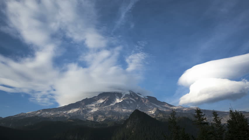 Timelapse of clouds passing the peak of Mt Rainier with trees in the foreground