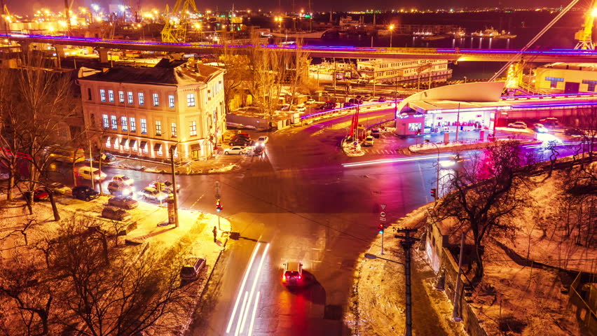ODESSA - JANUARY 10: (TIME-LAPSE) Night city traffic on January 10, 2013 in Odessa, Ukraine. Odessa has the largest port in Ukraine. A major industrial, cultural, scientific and resort center.