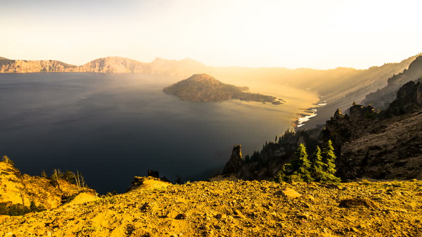 Crater Lake National Park Time Lapse of Wizard Island and Wildfire smoke moving in