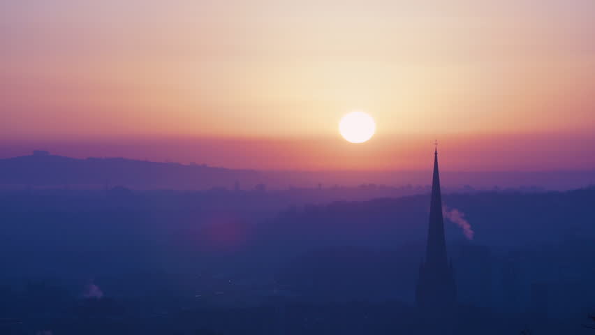 Ethereal Misty City Sunrise Landscape, with Winter Trees & Smoking Chimneys, Bristol UK