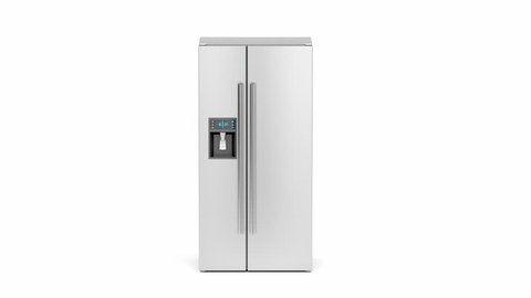 Empty side-by-side refrigerator, opening and closing the doors