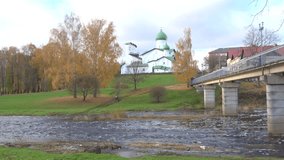 A view on the Epiphany Church in the Zapskovye, cloud october day. Pskov, Russia