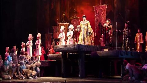 DNIPRO, UKRAINE - NOVEMBER 20, 2017: Members of the Dnipro Opera and Ballet Theatre.perform Classical opera Borys Godunov.

