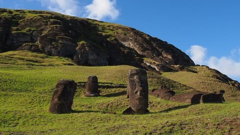 Moais at the quarry on the slope of the Rano Raraku Volcano, Rapa Nui National Park, Easter Island, Chile