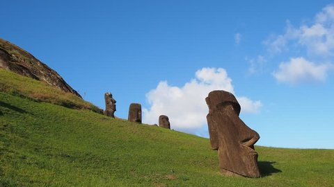 Moais at the quarry on the slope of the Rano Raraku Volcano, Rapa Nui National Park, Easter Island, Chile