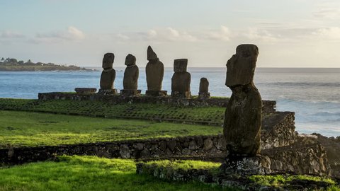 Moais in Tahai Archaeological Complex at sunset, Day to Night Timelapse, Rapa Nui National Park, Easter Island, Chile