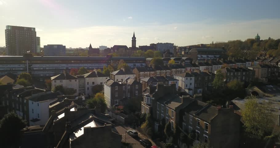 Aerial drone footage of the Holborn Union Building in Middlesex, North London, England, on a bright sunny day.