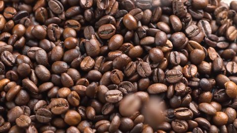 Roasted coffee beans falling down. Slow motion. Close-up shot.