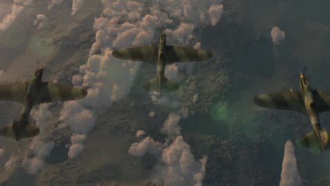 Fighter jets of the second world war IL-2 flying wedge. The airplanes fly in clouds above the ground with a wedge. Legendary Storm trooper Il-2.
