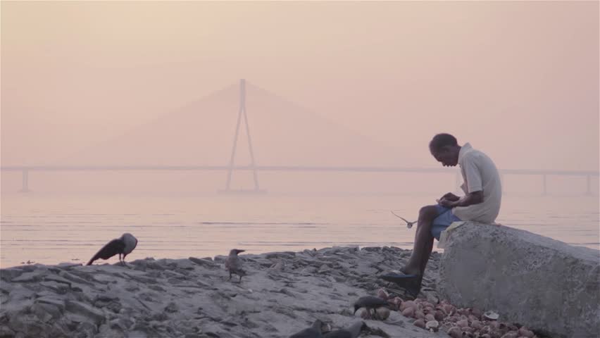 A man sitting at the backdrop of Bandra- Worli sea link while crows are hovering around him in the morning alongside Arabian sea, Mumbai, India