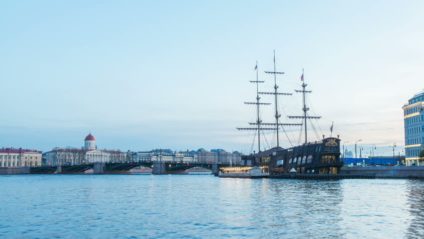 St. Petersburg, time-lapse photography, Neva and view of the Birjeviy bridge