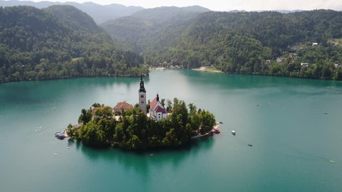 Slovenia - Aerial view resort Lake Bled. Aerial FPV drone photography. Slovenia Beautiful Nature Castle Bled.