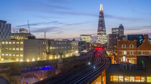 UK, England, London, Southwark, The Shard and railway lines into London Bridge Station, TIME LAPSE, Night to day