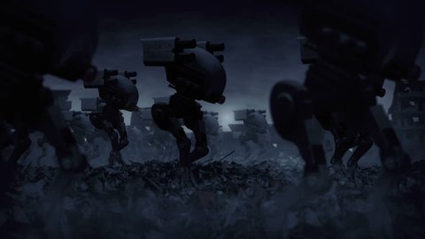 army of military robots are walking through the ruins