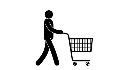 Pictogram man walks with a shopping cart on wheels. Looped animation with alpha channel.