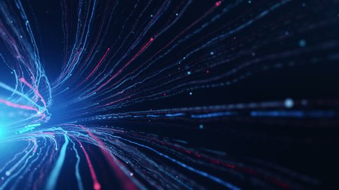 Abstract background with animation of fast moving in tunnel from lines fiber optic network. Magic flickering dots or glowing flying lines. Animation of seamless loop.