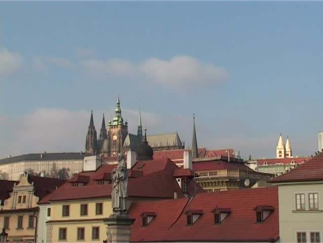 Prague castle panorama in winter with Charles bridge towers and st. Nicholas church. Panning right to left.