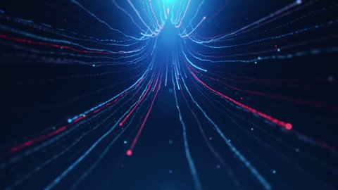 Abstract background with animation of fast moving in tunnel from lines fiber optic network. Magic flickering dots or glowing flying lines. Animation of seamless loop.