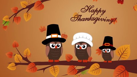 Thanksgiving Day Animation with owls and autumn leaves. Motion graphics