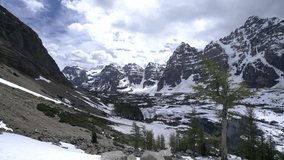 Time lapse shot of clouds moving over alpine frozen lake in the heart of the Canadian rockies. 