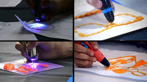 4 in 1. Man 3d pen draws molten plastic close-up. Drawing 3d pen with hardening photopolymer that hardens under of ultraphylet. Multicam split screen group video wall collage montage composite.