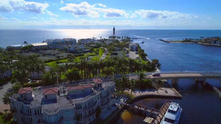 Aerial drone tour of Hillsboro Florida and Lighthouse light