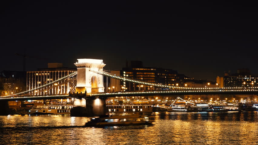 Night time-lapse. Budapest with the Danube and Chain Bridge, Hungary. Aerial view of Budapest. Hungary. Time-lapse.