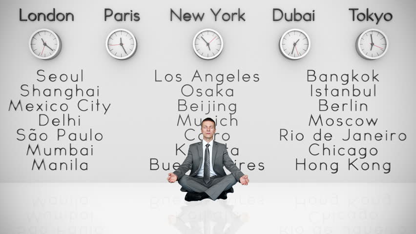 Businessman Meditating with World Clocks and Big Cities on Background