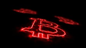 Crypto currency. A close-up bitcoin's symbol burns in the fire. Modern hype trend in the financial and electronic area.