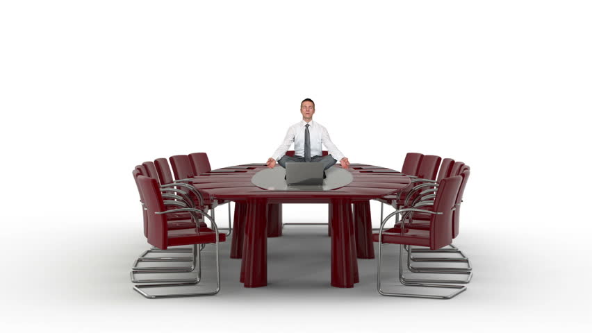 Businessman and Laptop on Office Table Meditating, against white
