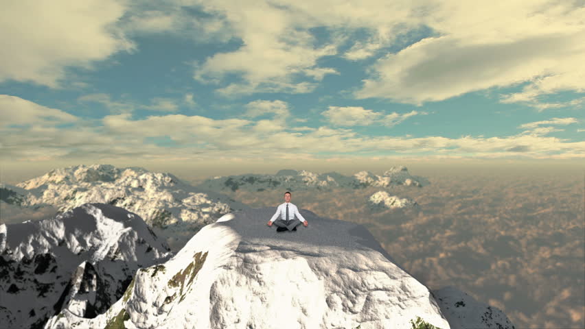 Businessman meditating on top of the mountain above clouds, slowly rising