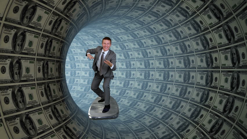 Businessman Surfing inside a Tube made of US Dollars