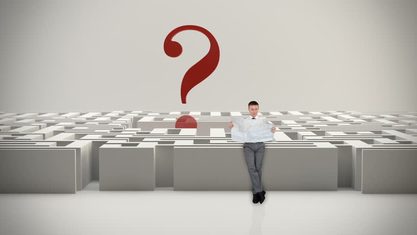 Businessman with Map trying to find his way in a Maze with Question Mark