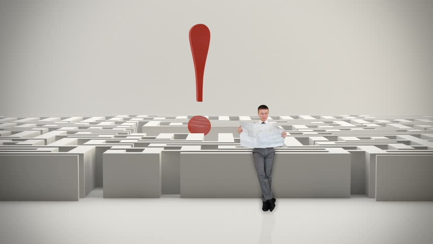 Businessman with Map trying to find his way in a Maze with Exclamation Sign