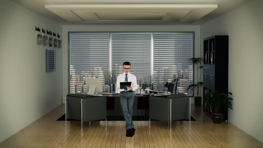 Businessman in Office Writing on a Clipboard with Skyscrapers in the Background