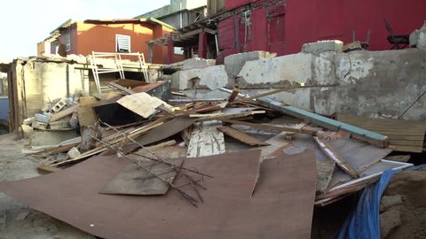 San Juan, Puerto Rico - October 03, 2017: Collapsed building wood scrap after hurricane Maria in Puerto Rico