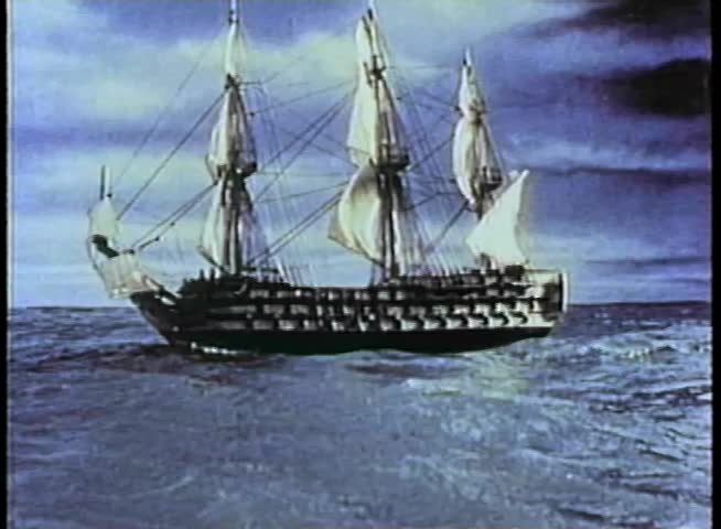 Men firing from 19th century ship at sea