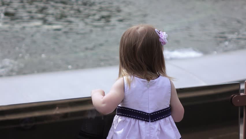 In the city park girl child through a glass railing looking at the fountain