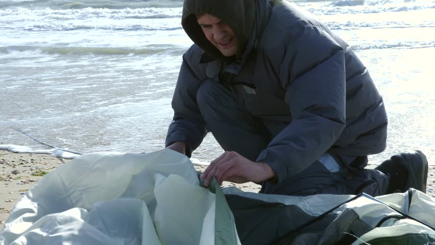 Camping tent on the beach by the sea. 4k, slow motion