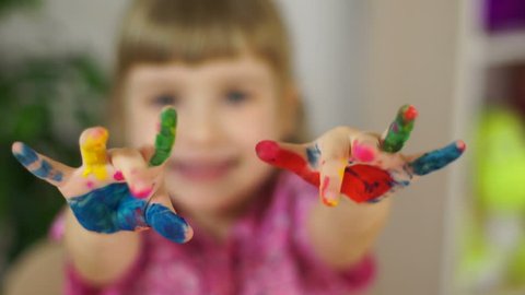 Funny girl coloring. Girl covered in fingerpaint