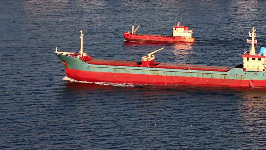 A pair of red cargo ships sailing into the open sea
